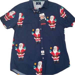 Denim & Flower Navy Short Sleeve Christmas Santa Claus Mens Button Up Size M